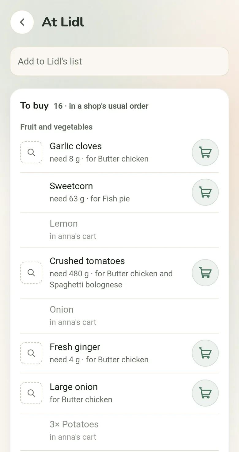 Fridg at Lidl: the week's ingredients in the shop's usual order, with the potatoes, the onion and the lemon already in anna's cart